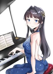 Rule 34 | 1girl, absurdres, aged up, ass, backless dress, backless outfit, bare back, bare shoulders, black hair, blue dress, blue eyes, breasts, dress, grand piano, hair ornament, half updo, halter dress, halterneck, highres, idolmaster, idolmaster million live!, instrument, long hair, looking at viewer, mogami shizuka, music, piano, piano bench, playing instrument, playing piano, sheet music, simple background, sitting, sleeveless, sleeveless dress, small breasts, smile, solo, sparkle, takahiro (crimson bolt), white background