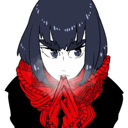 Rule 34 | 10s, 1girl, alternate hair length, alternate hairstyle, black hair, blue eyes, breath, eugenio2nd, eyebrows, gloves, kill la kill, kiryuuin satsuki, looking to the side, scarf, short hair, simabe, solo, steepled fingers, thick eyebrows, winter clothes