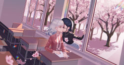 Rule 34 | 2girls, absurdres, age difference, black hair, black shirt, blazer, blue eyes, braid, chair, cherry blossoms, chinese commentary, classroom, closed mouth, collared shirt, commentary request, desk, dutch angle, earrings, closed eyes, falling petals, highres, holding, holding pencil, jacket, jewelry, kiss, leaning forward, long hair, long sleeves, medium hair, multiple girls, necklace, necktie, original, paper, pencil, petals, red jacket, red necktie, school chair, school desk, school uniform, shirt, side braid, skirt, star (symbol), star earrings, syouko jiaozijun, tree, white hair, white shirt, white skirt, window, wing collar, writing, yuri