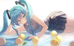Rule 34 | 1girl, absurdres, aqua eyes, aqua hair, bare arms, black skirt, blush, breasts, closed mouth, collared shirt, commentary, feet out of frame, ff 01, food, fruit, grey shirt, hair intakes, hatsune miku, highres, leaf, lemon, long hair, looking at viewer, lying, necktie, on side, ripples, shirt, sidelocks, skirt, sleeveless, sleeveless shirt, small breasts, solo, symbol-only commentary, twintails, vocaloid, water