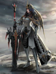 Rule 34 | 1girl, armor, armored dress, artist name, au ra, black hair, breasts, chuby mi, closed mouth, dark knight (final fantasy), dragon horns, facial mark, final fantasy, final fantasy xiv, gauntlets, greatsword, greaves, headdress, highres, holding, holding sword, holding weapon, horns, lips, long hair, looking at viewer, medium breasts, overcast, red eyes, scales, single wing, sky, solo, standing, sword, weapon, wings