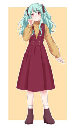 Rule 34 | 1girl, absurdres, ankle boots, arm at side, bad id, bad twitter id, blue hair, blush, boots, border, brown footwear, brown ribbon, closed mouth, copyright request, dress, hair ribbon, hand up, high heel boots, high heels, highres, long hair, long sleeves, looking at viewer, male focus, outline, pinky out, red dress, red eyes, ribbon, sekina, shirt, simple background, smile, solo, twintails, white border, white outline, yellow background, yellow shirt