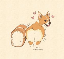 Rule 34 | animal focus, ass, black eyes, bread, dog, food, food focus, from behind, heart, highres, loaf of bread, looking at viewer, looking back, mojacookie, no humans, original, simple background, tongue, twitter username, welsh corgi, yellow background