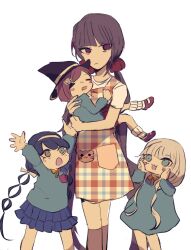 Rule 34 | 4girls, age difference, aged down, apron, arms up, black hair, blue dress, blue eyes, blue skirt, blunt bangs, blush stickers, brown hair, carrying, chabashira tenko, child, child carry, closed eyes, commentary request, danganronpa (series), danganronpa v3: killing harmony, dress, frilled skirt, frills, frown, green eyes, hairband, hands on own face, harukawa maki, hat, kneehighs, long hair, looking at another, looking at viewer, low twintails, multiple girls, open mouth, red eyes, red hair, red scrunchie, red shorts, rikyusun, scrunchie, short hair, shorts, sketch, skirt, socks, standing, twintails, very long hair, white background, white hair, witch hat, yonaga angie, yumeno himiko