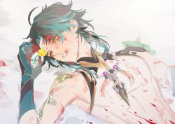 Rule 34 | 1boy, absurdres, arm tattoo, armpits, bead necklace, beads, black hair, blood, blood on clothes, blood on face, facial mark, flower, forehead mark, genshin impact, gloves, gradient hair, green hair, highres, holding, holding flower, hwan (mob hwan), injury, jewelry, lying, male focus, multicolored hair, necklace, on back, parted lips, solo, tassel, tattoo, upper body, xiao (genshin impact), yellow flower