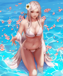 Rule 34 | 1girl, absurdres, bare shoulders, bikini, blonde hair, breasts, caustics, cleavage, dungeon and fighter, female slayer (dungeon and fighter), flower, hair flower, hair ornament, hairpin, halterneck, highres, jacket, large breasts, long hair, looking at viewer, monaim, navel, off shoulder, petals, petals on liquid, pink flower, red eyes, solo, standing, swimsuit, vagabond (dungeon and fighter), very long hair, wading, water, wet, white bikini, white flower, white jacket