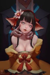 Rule 34 | 1girl, 2016, absurdres, animal ears, bare shoulders, black hair, bleeding, blood, blood on face, breasts, character request, chinese clothes, cuts, dated, fingernails, fins, flower, grey eyes, hair flower, hair ornament, hair ribbon, hand on another&#039;s face, hanfu, head fins, head out of frame, head tilt, highres, injury, liyu jing, long fingernails, looking at viewer, medium breasts, mermaid, millet (d323323), monster girl, off shoulder, onmyoji, parted lips, red lips, ribbon, sash, sharp fingernails, solo focus, tassel, upper body