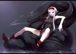 Rule 34 | 1girl, blonde hair, blue eyes, boots, breasts, creature, hairband, highres, large breasts, leotard, monster, mouth hold, pixiv fantasia, pixiv fantasia fallen kings, pointy ears, sidelocks, sitting, solo, tsuki tokage