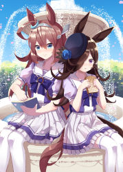 Rule 34 | 2girls, absurdres, ahoge, animal ears, black headwear, blue bow, blue eyes, blue flower, blue rose, blue sky, blush, book, bow, bread, brown hair, closed mouth, commentary request, day, feet out of frame, flower, food, fountain, frilled skirt, frills, hair between eyes, hair over one eye, hat, hat flower, highres, holding, holding book, holding food, holding pen, horse ears, horse girl, horse tail, mihono bourbon (umamusume), multiple girls, natsuki (digretking), open book, outdoors, parted lips, pen, petals, pleated skirt, puffy short sleeves, puffy sleeves, purple eyes, purple shirt, rice shower (umamusume), rose, school uniform, shirt, short sleeves, sitting, skirt, sky, tail, thighhighs, tilted headwear, tracen school uniform, umamusume, water, white skirt, white thighhighs