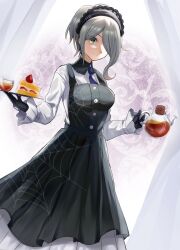 Rule 34 | 1girl, black dress, blonde hair, blue necktie, breasts, cake, collared shirt, cup, danganronpa (series), danganronpa v3: killing harmony, dress, feet out of frame, food, gloves, gorila chan, green eyes, grey background, hair over one eye, highres, holding, holding cup, holding tray, large breasts, long sleeves, maid, maid headdress, multicolored background, necktie, shirt, short hair, smile, strawberry shortcake, tojo kirumi, tray, white background, white shirt