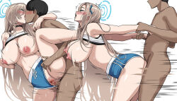 Rule 34 | 1boy, 1girl, arm grab, arm held back, ass press, asuna (blue archive), bare shoulders, bent over, blue archive, blue eyes, blue ribbon, blue shorts, blush, breasts, breasts out, camisole, choker, clothed female nude male, clothes lift, clothing aside, crop top, dark-skinned male, dark skin, deep penetration, dolphin shorts, hair over one eye, hair ribbon, halo, hella p, hetero, kiss, large breasts, leg lift, light brown hair, long hair, multiple views, navel, nipples, nude, penis, pussy, ribbon, sex, sex from behind, shirt, shirt lift, short shorts, shorts, shorts aside, spread legs, standing, standing sex, thighs, vaginal, very long hair, white camisole, white shirt