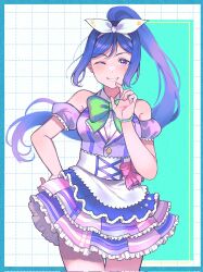 Rule 34 | 1girl, bare shoulders, bow, bowtie, bracelet, breasts, commentary request, detached sleeves, dot nose, green bow, green bowtie, hairband, hand up, highres, jewelry, kinomi 3030, long hair, looking at viewer, love live!, love live! sunshine!!, matsuura kanan, medium breasts, one eye closed, ponytail, purple eyes, purple hair, sleeveless, smile, solo, star (symbol), star print, teeth