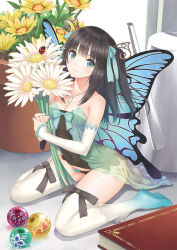 Rule 34 | 1girl, bare shoulders, beads, black hair, black panties, blue eyes, blue footwear, blue ribbon, blunt bangs, book, boots, breasts, bug, butterfly wings, cleavage, closed mouth, collarbone, covered navel, detached sleeves, flower, frilled sleeves, frills, full body, hair ribbon, insect, insect wings, jewelry, knee boots, ladybug, long hair, long sleeves, looking at viewer, medium breasts, mini person, minigirl, necklace, one side up, original, panties, peace keeper daisy, plant, potted plant, ribbon, school uniform, see-through, sitting, smile, solo, strapless, thighhighs, tony taka, underwear, wariza, white flower, white thighhighs, wings