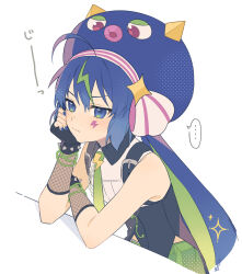 Rule 34 | ..., 1girl, ahoge, annoyed, bare shoulders, belt, black bracelet, black gloves, blue eyes, blue hair, blue hat, blue nails, bracelet, buttons, closed mouth, collared shirt, colored inner hair, facial mark, fingerless gloves, fishnet armwear, fishnets, gloves, green bracelet, green hair, green necktie, hair between eyes, hand on own arm, hand on own face, hat, jewelry, lightning bolt facial mark, lightning bolt symbol, long hair, looking at viewer, multicolored hair, necktie, otomachi una, otomachi una (spicy), pink trim, see-through, shirt, shorts, sleeveless, sleeveless shirt, solo, sparkle, spiked bracelet, spikes, spoken ellipsis, streaked hair, suiso sn3, twintails, v-shaped eyebrows, vocaloid, white background, white shirt