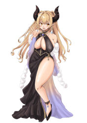 Rule 34 | 1girl, absurdres, alba (granblue fantasy), anklet, bare shoulders, black dress, black footwear, blonde hair, blush, breasts, chan (akuty ikkot), draph, dress, earrings, full body, granblue fantasy, hand up, highres, horns, jewelry, large breasts, long hair, looking at viewer, open mouth, pointy ears, sideboob, simple background, smile, solo, thighs, waving, white background