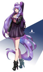 Rule 34 | 1girl, absurdly long hair, bad id, bad pixiv id, bag, black footwear, black jacket, blue eyes, boots, breasts, character name, cleavage, dress, earphones, floating hair, full body, guitar case, high heel boots, high heels, highres, holding, holding bag, holding phone, instrument case, jacket, jewelry, long hair, long sleeves, looking at viewer, macross, macross delta, medium breasts, mikumo guynemer, multicolored hair, nail polish, necklace, open clothes, open jacket, open mouth, phone, purple dress, purple hair, shimatani azu, short dress, solo, streaked hair, very long hair, white background