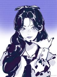 Rule 34 | 1girl, absurdres, aespa, animification, blue theme, chinese commentary, collared shirt, earpiece, earrings, hair behind ear, hair ribbon, halftone, highres, jewelry, k-pop, karina (aespa), long hair, looking to the side, mole, mole under eye, mole under mouth, monochrome, necktie, parted bangs, portrait, real life, ribbon, shaka sign, shirt, solo, weibo watermark, yuanwei shaoya