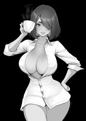 Rule 34 | 1girl, artist name, brassica, breasts, buttons, cleavage, collarbone, collared shirt, commission, cowboy shot, cup, greyscale, hair over one eye, hand on own hip, holding, holding cup, large breasts, monochrome, naked shirt, no pants, original, partially unbuttoned, shirt, short hair, sleeves rolled up, solo, white shirt