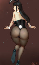 Rule 34 | 1girl, all fours, animal ears, ariverkao, ass, back-seamed legwear, bare shoulders, black hair, black leotard, black pantyhose, breasts, brown background, brown eyes, dated, detached collar, fake animal ears, from behind, high heels, huge ass, large breasts, legs, leotard, lips, long hair, looking back, original, pantyhose, playboy bunny, rabbit ears, rabbit tail, seamed legwear, shoe soles, signature, solo, strapless, strapless leotard, tail, thick thighs, thighs, wide hips, wrist cuffs