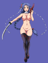 Rule 34 | 1girl, armpits, bare shoulders, black thighhighs, blue background, blue hair, blush, braid, breasts, holding, holding sword, holding weapon, kumacchi, long hair, looking at viewer, mask, medium breasts, navel, ninja, nipples, open mouth, original, parted bangs, red eyes, simple background, solo, standing, stomach, sword, thighhighs, unworn mask, v-shaped eyebrows, very long hair, weapon