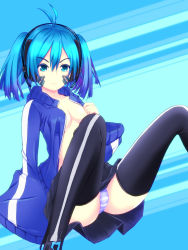 Rule 34 | 1girl, black skirt, black thighhighs, blue eyes, blue hair, blue jacket, breasts, cleavage, ene (kagerou project), headphones, highres, jacket, kagerou project, looking at viewer, matching hair/eyes, nonaka chikin, open clothes, open jacket, panties, pleated skirt, skirt, solo, striped clothes, striped panties, striped thighhighs, thighhighs, underwear