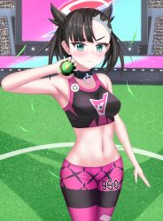 Rule 34 | 1girl, absurdres, armpits, asymmetrical bangs, audience, black choker, black hair, blush, breasts, choker, closed mouth, creatures (company), dusk ball, falling leaves, field, game freak, green eyes, hand up, highres, holding, holding poke ball, leaf, marnie (pokemon), medium breasts, navel, nintendo, official alternate costume, pants, pendant choker, poke ball, pokemon, pokemon swsh, solo, sports bra, stadium, stomach, taut clothes, tight clothes, tight pants, torn clothes, torn pants, traumereisa900, twintails, two side up, undercut