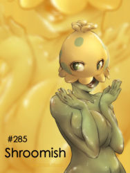 Rule 34 | 1girl, alternate color, breasts, cleavage, colored skin, covering privates, covering breasts, creatures (company), female focus, game freak, gen 3 pokemon, green eyes, green skin, large breasts, lips, mecharm, monster girl, nintendo, no bra, personification, pokemon, shroomish, solo, topless