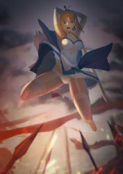 Rule 34 | 1girl, absurdres, ahoge, artoria pendragon (all), artoria pendragon (fate), baliu, blonde hair, blue eyes, breasts, choker, cleavage, dress, elbow gloves, fate/stay night, fate (series), garter straps, gloves, highres, holding, holding sword, holding weapon, official alternate costume, open mouth, panties, polearm, saber (fate), saber (pure night dress) (fate), solo, spear, sword, teeth, thighhighs, torn clothes, torn thighhighs, underwear, weapon, white gloves, white panties, white thighhighs
