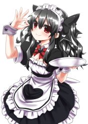 Rule 34 | 10s, 1girl, apron, black hair, blush, breasts, cleavage, heart, long hair, looking at viewer, maid, maid apron, maid headdress, mizunashi (second run), neptune (series), red eyes, smile, solo, tray, uni (neptunia)