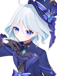 Rule 34 | 1girl, ascot, black ascot, black gloves, blue bow, blue eyes, blue hair, blue hat, blue jacket, blue pupils, blue ribbon, bow, commentary, drop-shaped pupils, furina (genshin impact), genshin impact, gloves, hair between eyes, hand up, hat, hat bow, hat ribbon, heterochromia, highres, hydro symbol (genshin impact), jacket, kino (curry pan), light blue hair, light blush, long sleeves, looking at viewer, medium hair, multicolored hair, ribbon, simple background, smile, solo, streaked hair, symbol-shaped pupils, upper body, vision (genshin impact), white background, white hair