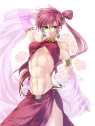 Rule 34 | 1girl, abs, androgynous, arm up, armlet, breasts, detached sleeves, earrings, green eyes, highres, jewelry, killingrock, long hair, lots of jewelry, muscular, navel, pink hair, pixiv fantasia, pixiv fantasia 5, ponytail, side slit, skirt, smirk, solo, toned, topknot, underboob, white background