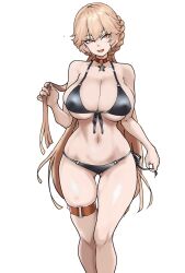 Rule 34 | 1girl, belt, bikini, black bikini, blonde hair, braid, breasts, choker, cleavage, commentary, cowboy shot, english commentary, french braid, front-tie bikini top, front-tie top, girls&#039; frontline, highres, holding, holding own hair, large breasts, long hair, looking at viewer, navel, open mouth, orange eyes, ots-14 (girls&#039; frontline), red choker, simple background, skindentation, smile, solo, stomach, straight-on, swimsuit, thigh belt, thigh strap, wessidesuyo, white background