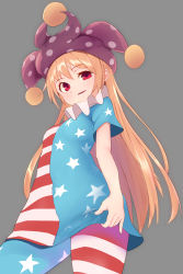 Rule 34 | 1girl, absurdres, american flag dress, american flag legwear, blonde hair, blue dress, blue pantyhose, breasts, clownpiece, commentary request, cowboy shot, dress, grey background, hat, highres, jester cap, long hair, looking at viewer, neck ruff, pantyhose, parted lips, partial commentary, polka dot, polka dot headwear, purple hat, red dress, red eyes, red pantyhose, short dress, short sleeves, shuu (horikisyu), simple background, small breasts, solo, standing, star (symbol), star print, striped clothes, striped dress, striped pantyhose, thighs, touhou, very long hair, white dress, white pantyhose