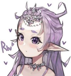 Rule 34 | 1girl, artist name, bad id, bad pixiv id, blush, closed mouth, earrings, heart, heart-shaped pupils, hwayoung, jewelry, long hair, looking away, lowres, necklace, original, pointy ears, purple eyes, purple hair, solo, symbol-shaped pupils, upper body