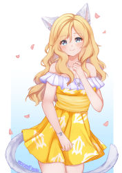 Rule 34 | 1girl, animal ears, bare shoulders, blonde hair, blue eyes, blush, bracelet, breasts, cat ears, cat tail, cleavage, closed mouth, commission, cowboy shot, dated, dress, fingernails, hand up, head tilt, highres, jewelry, looking at viewer, nail polish, original, petals, sash, smile, solo, standing, tail, temachii, yellow dress, yellow nails