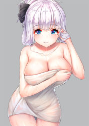 Rule 34 | 1girl, alternate hairstyle, azur lane, bare arms, bare shoulders, black ribbon, blue eyes, blunt bangs, blush, breast hold, breasts, cleavage, collarbone, cowboy shot, hair ribbon, hand in own hair, hand up, highres, illustrious (azur lane), large breasts, leaning forward, mole, mole under eye, naked towel, parted lips, pensuke, ribbon, shiny skin, silver hair, solo, standing, tareme, thigh gap, towel, water, water drop, wet, wet hair, wet towel
