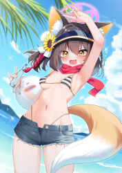 Rule 34 | 1girl, animal ear fluff, animal ears, arm up, armpits, beach, bikini, black hair, blue archive, blue shorts, blue sky, blush, bottle, breasts, bubble, cloud, cowboy shot, day, denim, denim shorts, fang, flower, fox ears, fox girl, fox shadow puppet, fox tail, hair between eyes, hair flower, hair ornament, halo, highleg, highleg bikini, highres, holding, holding bottle, izuna (blue archive), izuna (swimsuit) (blue archive), looking at viewer, medium breasts, navel, ocean, official alternate costume, open fly, open mouth, outdoors, pink halo, pink scarf, ramune, scarf, short shorts, shorts, skin fang, sky, smile, solo, standing, string bikini, striped bikini, striped clothes, sunflower, sunflower hair ornament, swimsuit, tail, visor cap, water, wet, yellow eyes, yoshie eneko