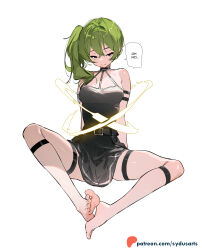 Rule 34 | 1girl, absurdres, bare shoulders, barefoot, black dress, captured, commentary, dress, english commentary, english text, green hair, highres, long hair, looking at viewer, patreon username, purple eyes, shin strap, side ponytail, simple background, sleeveless, sleeveless dress, smile, solo, sorganeil, sousou no frieren, speech bubble, sydus, thigh strap, ubel (sousou no frieren), white background