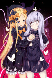 Rule 34 | 2girls, :d, abigail williams (fate), bags under eyes, black bow, black dress, black hat, blonde hair, bloomers, blue eyes, bow, bug, butterfly, closed mouth, commentary request, cowboy shot, dress, eye contact, fate/grand order, fate (series), hair between eyes, hair bow, hat, highres, holding hands, horns, insect, interlocked fingers, kuragari, lavinia whateley (fate), long hair, long sleeves, looking at another, multiple girls, open mouth, orange bow, pale skin, parted bangs, pink eyes, polka dot, polka dot bow, silver hair, single horn, sleeves past wrists, smile, tentacles, underwear, very long hair, white bloomers, wide-eyed
