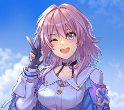 Rule 34 | 1girl, archery shooting glove, black choker, black gloves, blue eyes, blue jacket, blue sky, blurry, blurry background, bra strap, breasts, buttons, choker, cloud, collarbone, earrings, flower ornament, gloves, gradient jacket, hair intakes, hand up, honkai: star rail, honkai (series), jacket, jewelry, long sleeves, march 7th (honkai: star rail), medium breasts, medium hair, off-shoulder jacket, off shoulder, one eye closed, open mouth, partially fingerless gloves, pink eyes, pink hair, pink jacket, shirt, single earring, sky, smile, teeth, two-tone eyes, underbust, upper body, upper teeth only, v, white shirt, xincloustan