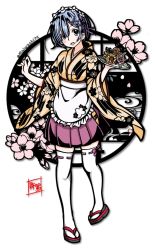 Rule 34 | apron, artist name, blue eyes, blue hair, blush, bow, cherry blossoms, circle, feet out of frame, flower, hair between eyes, hair bow, hair flower, hair ornament, hairclip, hands up, head tilt, holding, holding plate, japanese clothes, kimono, leaf, maid apron, maiwashi0922, medium skirt, open mouth, pink skirt, plate, pleated skirt, re:zero kara hajimeru isekai seikatsu, rem (re:zero), short hair, signature, skirt, smile, solo, sunflower, teeth, thighhighs, twitter username, upper teeth only, white apron, white background, white thighhighs, x hair ornament, yellow kimono, yukata