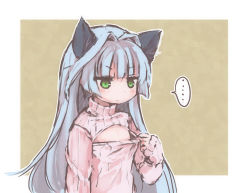 Rule 34 | ..., 1girl, animal ears, blue hair, cat ears, ciel nosurge, eyebrows, flat chest, green eyes, hair intakes, jitome, kureudon, long hair, meme attire, open-chest sweater, ribbed sweater, sarly planck, sleeves past wrists, solo, spoken ellipsis, surge concerto, sweater, upper body