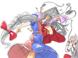 Rule 34 | 3girls, ass, barefoot, black hair, blunt bangs, bow, braid, breasts, broken, broken glass, controller, feet, female focus, flying, from behind, fujiwara no mokou, game console, game controller, gamepad, glass, grey hair, hair bow, hat, houraisan kaguya, in the face, kieeyo, long hair, multiple girls, nurse cap, outstretched arms, playing games, ponytail, punching, shirt, sketch, skirt, skirt set, small breasts, spread arms, spread legs, super famicom, surprised, suspenders, television, touhou, very long hair, video game, violence, walking, wide sleeves, yagokoro eirin