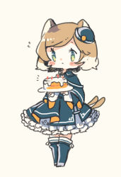 Rule 34 | 1girl, animal ears, arknights, blonde hair, blue footwear, blue hat, blue skirt, blush stickers, boots, cake, cat ears, cat tail, chibi, flying sweatdrops, food, full body, green eyes, hat, highres, holding, long sleeves, mini hat, mousse (arknights), multiple tails, oyasumi makura, shirt, simple background, skirt, solo, swept bangs, tail, two tails, white shirt