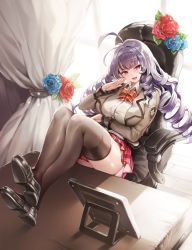 Rule 34 | 1girl, antenna hair, black thighhighs, bow, chair, drill hair, fang, feet on table, flower, indoors, jacket, long hair, looking at viewer, open clothes, open jacket, open mouth, original, pleated skirt, purple eyes, purple hair, quad drills, shirt, sitting, skirt, solo, thighhighs, white shirt, zerocat