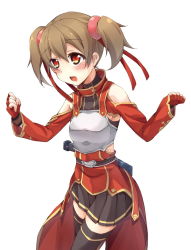 Rule 34 | 10s, 1girl, :o, armor, bad id, bad pixiv id, bare shoulders, belt, black thighhighs, breastplate, brown hair, fingerless gloves, gloves, hair ribbon, oruto (ort+), oruton, red eyes, ribbon, silica, simple background, skirt, solo, sword art online, thighhighs, twintails, white background