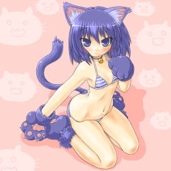 Rule 34 | 1girl, :/, animal ears, animal hands, bell, bikini, blue eyes, blue hair, blush, cat ears, cat tail, collar, dd (ijigendd), flat chest, gloves, hip focus, kneeling, matching hair/eyes, neck bell, nt-tan, original, paw gloves, paw shoes, shoes, short hair, solo, striped bikini, striped clothes, swimsuit, tail