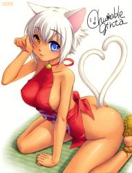 Rule 34 | 1girl, absurdres, animal ears, apron, ass, bell, bleed through, blue eyes, blush, bottomless, breasts, cat ears, cat tail, chinese clothes, dark-skinned female, dark skin, dudou, ginta, heart, heart tail, heterochromia, highres, koibumi romantica, large breasts, multiple tails, nail polish, naked apron, nekomata, no panties, open mouth, paw pose, pink nails, sandals, scan, scan artifacts, short hair, signature, simple background, sitting, smile, solo, tail, tatami, wagahai, wariza, white hair, yellow eyes