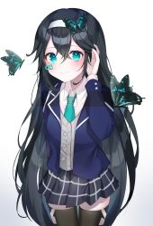 Rule 34 | 1girl, absurdres, aqua eyes, black hair, commentary request, commission, hairband, hand on own face, highres, knowa, korean commentary, long hair, looking at viewer, original, plaid, plaid skirt, school uniform, skirt, solo, thighhighs, very long hair, white hairband