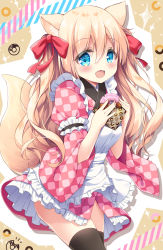 Rule 34 | 1girl, :d, animal ear fluff, animal ears, apron, black thighhighs, blonde hair, blue eyes, blush, bow, breasts, commentary request, copyright request, diagonal stripes, doughnut, fang, food, fox ears, fox girl, fox tail, frilled apron, frilled kimono, frills, hair between eyes, hair bow, highres, holding, holding food, japanese clothes, juliet sleeves, kimono, long hair, long sleeves, looking at viewer, maid apron, open mouth, pink kimono, print kimono, puffy sleeves, red bow, satsuki yukimi, small breasts, smile, solo, sparkle, star (symbol), striped, tail, tail raised, thighhighs, unmoving pattern, very long hair, white apron, wide sleeves